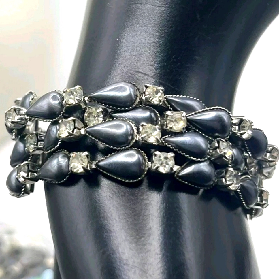 Vtg Leru Gray Rhinestone Multistrand Bracelet